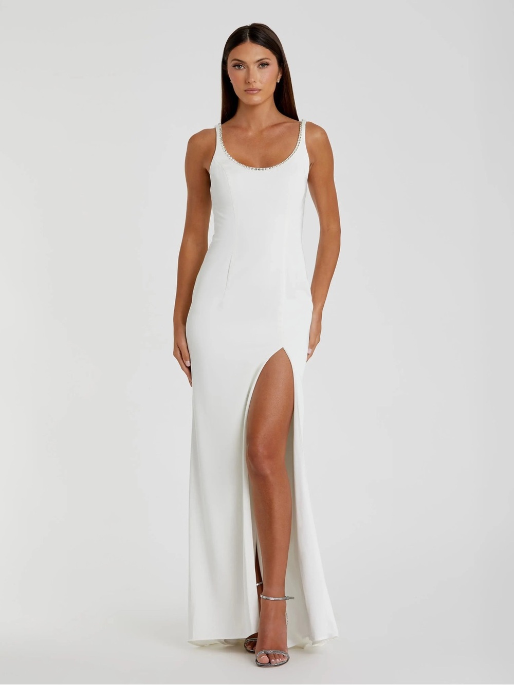 White Sleeveless Scoop Neck Evening Gown with High Side Slit